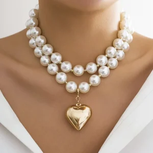 Punk Necklace For Women Gold Plated Beads Heart-Shaped Pendant With Pearl Chains Fashion Jewelry Choker