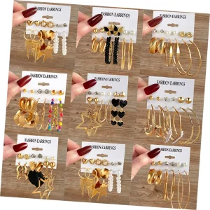 Punk Retro Style Gold Color Flower Heart Star Hoop Earrings Set for Women