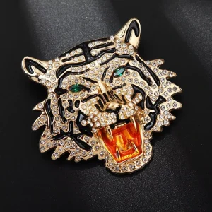 Punk Rock Tiger Brooch Pin with Green Eye Crystal & Rhinestone Zinc Alloy Antique Design Unisex Jewelry Accessory