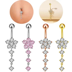 Punk Style Flowers Stainless Steel Silver Navel Ring Crystal Rhinestone Bell Button Pierced Jewelry