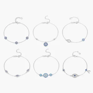 Pure 925 Sterling Silver Turquoise Blue Evil Eye Clear Cubic Zircon Crystal Link Chain Bracelet for Women