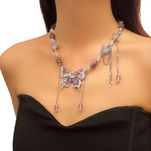 Purple Butterfly Tassel Necklace with Collarbone Chain