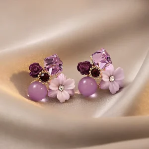 Purple Color Opal Crystal Flower Stud Earrings for Women Brincos Rhinestone Jewelry Girl Gift