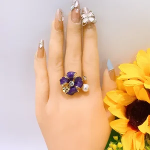Purple Enamel Flower Open Ring Inlaid Crystal & Faux Pearl Adjustable Finger Ring Vintage Elegant Floral Jewelry