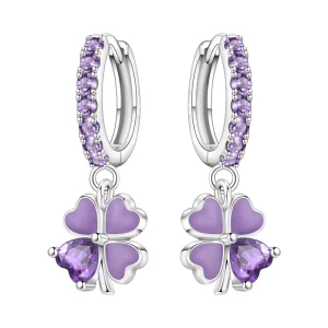 Purple Enamel Heart Four Leaf Clover Drop Earrings Full Pave Zircon Trendy Women’s Gift Jewelry Brass