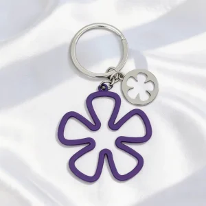 Purple Flower Keychain Hollow Floral Keyring Metal Bag Charm With Clover Pendant Y2K Aesthetic Trendy Gift