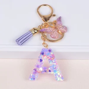 Purple Fringe Butterfly and Resin Love Snowflake Initial Key Chain Purse Backpack Handbag Alphabet Key Ring