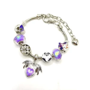 Purple Heart Ghost House Halloween Bracelet, Adjustable Beaded Charm Strand, Fashion Jewelry