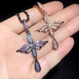 Purple Pink CZ Winged Cross Necklace Streetwear Pendant Jewelry for Men Women