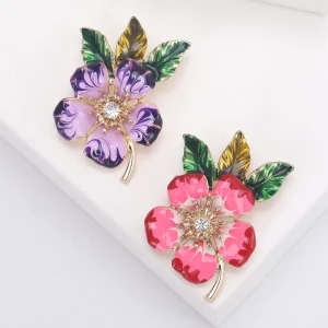 Purple Pink Marbled Enamel Flower Brooch Pin Center Green Leaf for Coats Sweaters Women