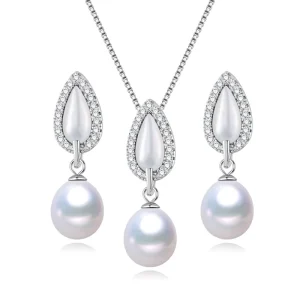 Pval Shape 8mm Rice Cultured Real Natural Sterling Silver Elegant New Trendy Freshwater Pearl Set 925