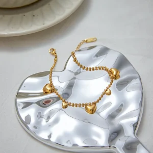 Pvd Gold Plated Jewelry 18k Heart Shaped Charm Bangle Anti Tarnish Waterproof Stainless Steel Chain Bracelet