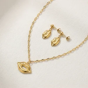 QIAOREN 11895 18K Gold Plated Stainless Steel Lips Jewelry Set Inlaid Tiny Zircon Pout Lips Necklace Dangle Earrings