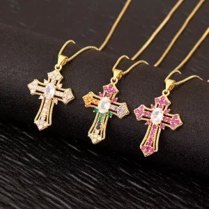 QIKU Fashion Crystal Cross Pendant Women Men Necklace 6 Colors Cubic Zirconia Copper Luxury Aesthetic Jewelry Accessories Gift