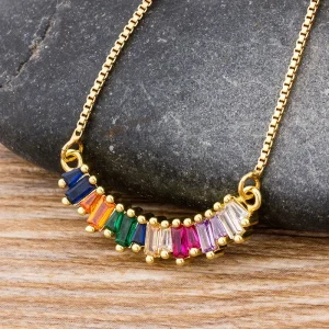 QIKU Fashion Cubic Zircon Rainbow Stone Pendant Women Necklace Multi color Colorful Crystal Long Chain Jewelry Accessories Gift