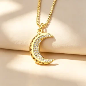 QIKU Fashion Sweet Moon Pendant Necklace Crystal Copper Zircon Gold Color Jewelry Neck Chain Women Accessories