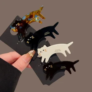 QianJin Handmade French Style Cellulose Acetate Cat Hair Clip Cute Animal Tortoise Shell Hair Accessories for Women
