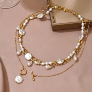 Quality Assurance Fashionable Exquisite Three Tier Layered Wearing Imitation Pearl Gold Plated Geometric Romantic Necklace