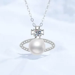 Queen Dowager’s Saturn Natural Freshwater Pearl Pendant Platinum PT950 18K Gold Classic Geometric Fashion Necklace Moissanite