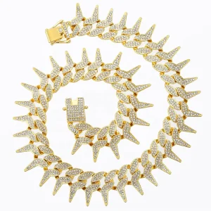RENQING Factory DIY Alloy and Rhinestone Hip Hop Iced Out 18mm Thorns Cuban Chain Necklace