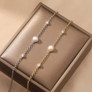 RINNTIN GPB42 925 Sterling Silver Fashion Jewelry Bracelets Single Pearl Zircon Charm 14K Gold Plated Bracelets for Women