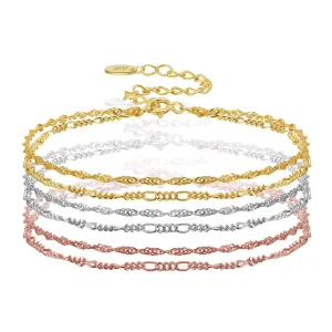 RINNTIN SB132 Fashion Simple Jewelry Women’s 925 Sterling Silver Figaro Chain Double Layer Bracelet