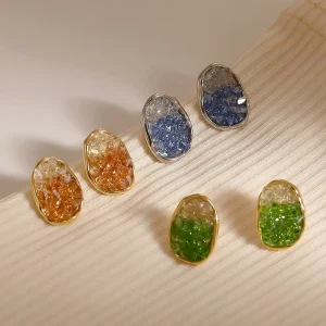 RISY Elegant Gradient Green Crystal Stud Earrings Unique Luxury Irregular Zircon Geometric Design Trendy Jewelry