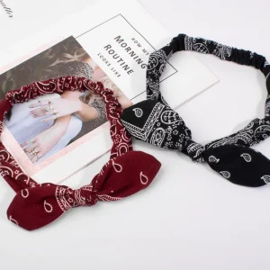 Rabbit Ear Bow Adjustable Knot Vintage Print Cotton Headband Elastic Women Custom Logo
