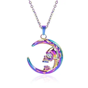 Rainbow 304 Stainless Steel Moon Pendant Link Chain Gothic Skull Skeleton Halloween Medal for Unisex Men Women Necklace Charm