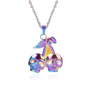 Rainbow 304 Stainless Steel Skull Pendant Link Chain Cherry Skeleton Halloween Gothic Punk Jewelry for Unisex Men Women Necklace