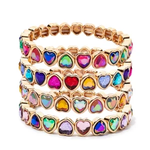 Rainbow Enamel Heart Rhinestone Bead Stretch Bracelets Stackable Elastic Bangles Couple Gift Fashion Jewelry for Women