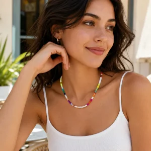 Rainbow Natural Stone Beaded Necklace Adjustable Custom Length Colorful Gemstone Jewelry for Women Summer Beach Party Bulk Gift