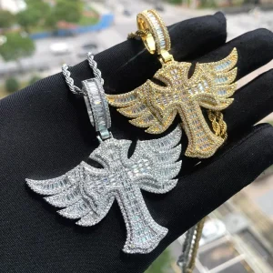 Rap Hip Hop Necklace Silver Gold Cross Wing Large Initial Custom Pendant Jewelry