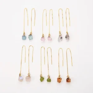Raw Gemstone Threader Gold Plated Birthstone Crystal Earrings Rose Quartz Aquamarine Moon Stone Boho Jewelry Gift