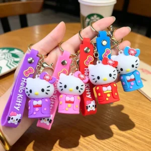 Ready to Ship 3D Cartoon White Cat in Kimono and Teacup with Colorful Soft Rubber Strap PVC Keychain