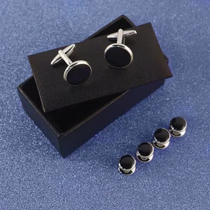 Ready to Ship Fashion Round Black Soft Enamel Mens Cufflinks and Studs Set for Tuxedo Shirts