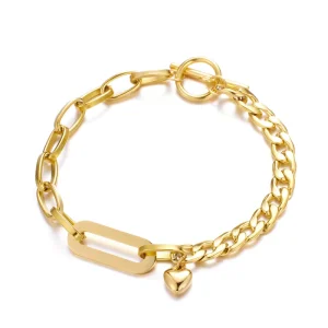 Real 18K Gold PVD Plated Mix Chain Bracelet Stainless Steel Oval Link Cuban Link Chain Love Heart Charm Bracelet with T/O Clasp