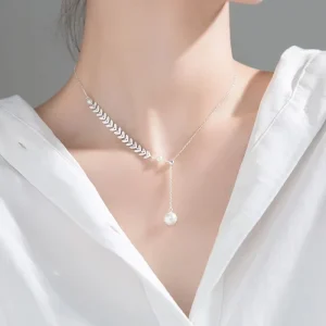 Real 925 Sterling Silver Fashion Leaf Synthetic Pearl Clavicle Necklace for Women Wedding Party Fine Jewelry