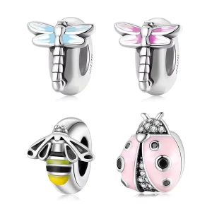 Real 925 Sterling Sliver Pink Enamel Butterfly CZ Spacer Beads Charms for Bracelet Jewelry Making Fashion Accessories