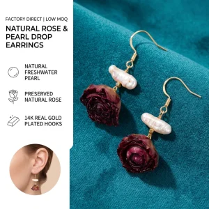 Real Flower Jewelry 14K Gold Plated Copper Natural Baroque Pearl Rose Earrings