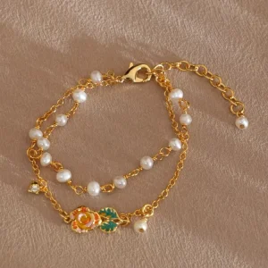 Real Gold Plated Double Layer Bracelet Natural Freshwater Pearls Rose Charm Adjustable Jewelry For Women