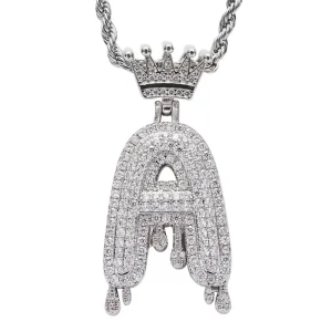 Real Gold Plating Brass With Zircon Hip Hop Crown Letter Pendant Necklace Collar Con Colgante De Letra De corona