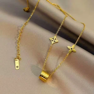 Real Gold plated All titanium Steel Sporty Trendy Pendant Necklace with Four leaf Clover Motif Gift Luxury Elegant Unisex