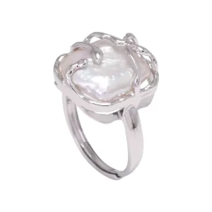 Real S925 Silver Retro Baroque Pearl Ring for Women Genuine Freshwater Pearl Square Irregular Shape Adjustable Vintage Jewelry