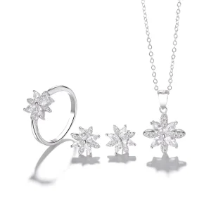 Real Silver 925 Snow Flower Rings Earrings and Necklace Jewelry Set for Women