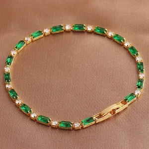 Rectangle Emerald CZ Tennis Bracelet 18K Gold Plated Green Crystal Link Bracelet Tarnish Free Women Luxury Jewelry