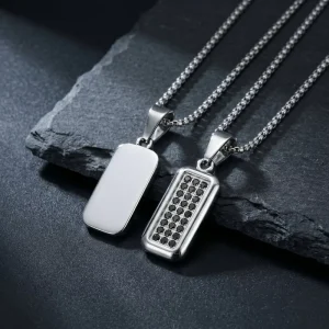 Rectangular Charm Engraving Panel Stainless Steel Link Chain Men Pendant Necklace for Custom Personalized Gifts MGXL578