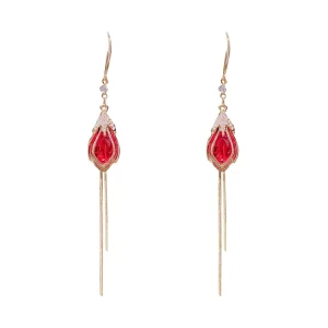 Red Cat Eye Stone Flower Long Tassel Ear Hook Hibiscus Flower Earrings