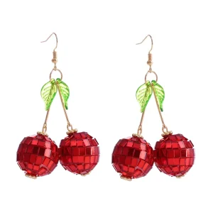 Red Cherries and Green Leaf 70s Red Groovy 3D Discoball Earrings for Women Girl Mirror Disco Ball Cherry Drop Earrings