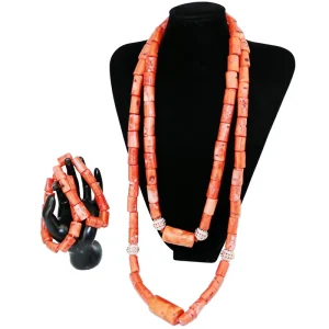 Red Coral Bead Jewelry Set Handmade Square Tube Bead Necklace Earrings Suitable for Weddings YL239